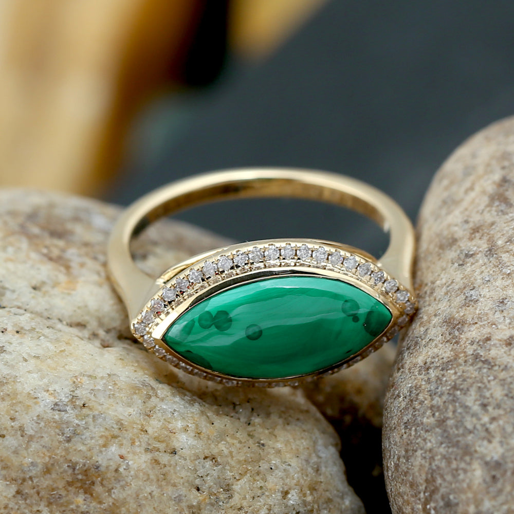 Marquise Malachite Pave Diamond Cocktail Ring Jewelry In 18k Yellow Gold