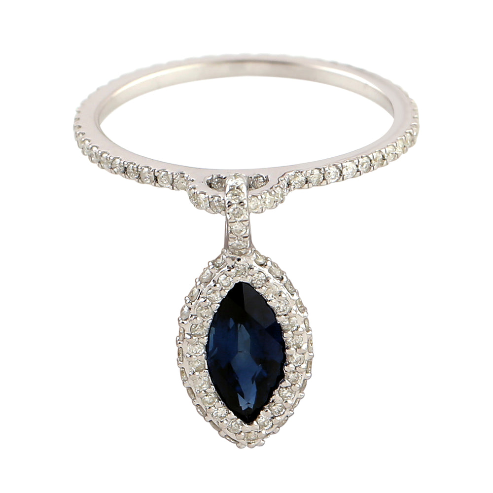 Marquise Blue Sapphire Gemstone Pave Diamond Charm Ring In White Gold