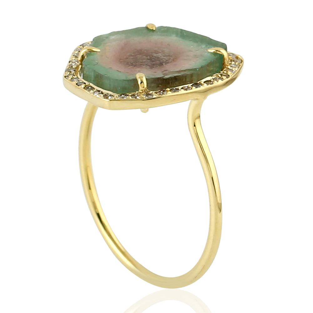 14k Yellow Gold Pave Diamond Melon Tourmaline Gemstone Cocktail Ring