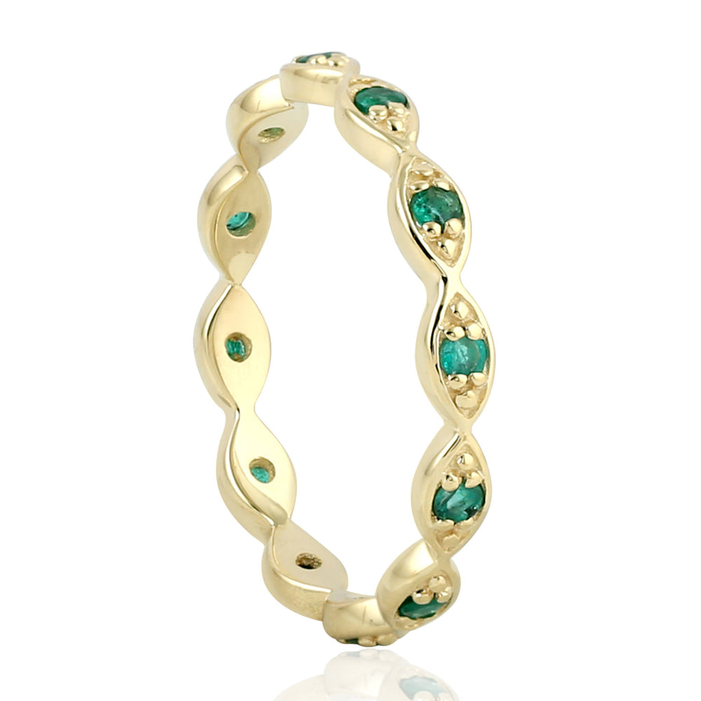 Prong Set Emerald Gemstone Designer Band Ring In 14K Yellow Gold