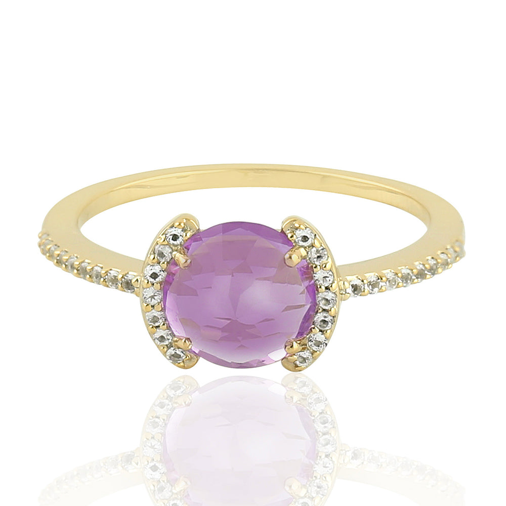 Natural Faceted Amethyst Pave Diamond Cocktail Ring In Gold plated Silver