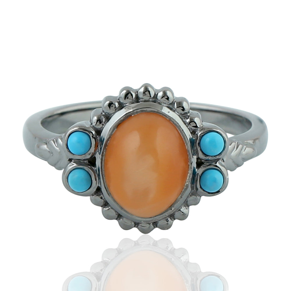 Natural Peach Moonstone Turquoise Cocktail Ring In Silver