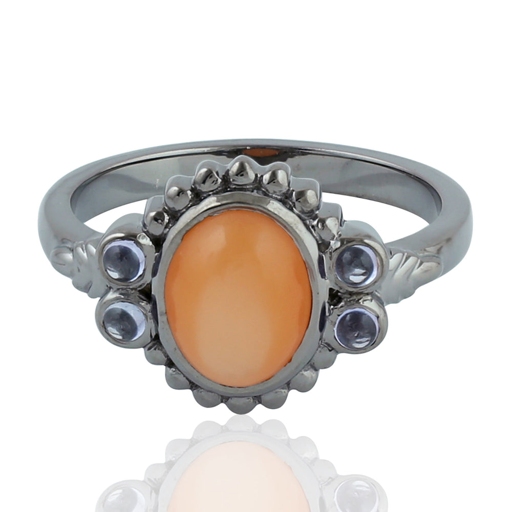 Natural Peach Moonstone Tanzanite Cocktail Ring In Silver