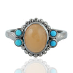 Natural Peach Moonstone Turquoise Designer Handmade Cocktail Ring In Silver
