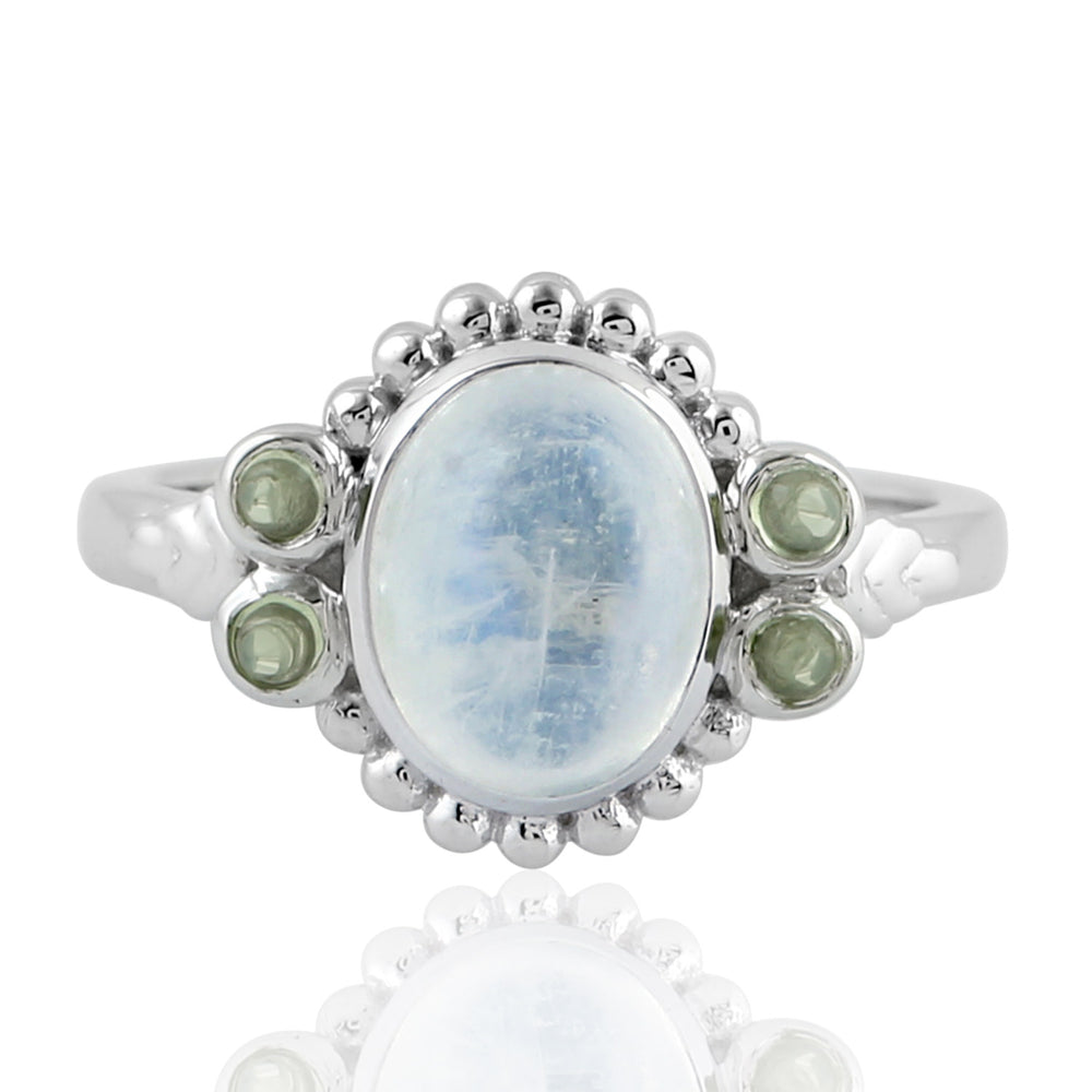 Natural Oval Moonstone Peridot Designer Handmade Cocktail Ring In Silver