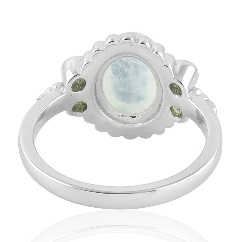 Natural Oval Moonstone Peridot Designer Handmade Cocktail Ring In Silver