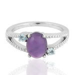 Natural Amethyst Topaz Three Stone Silver Ring Jewelry