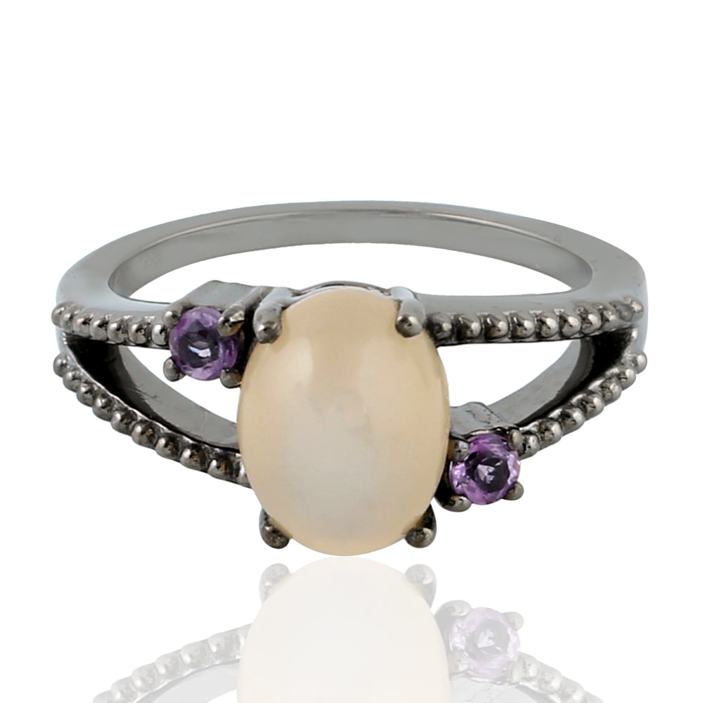 Peach Moonstone Amethyst Designer Handmade Silver Ring Jewelry For Her