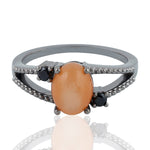 Natural Peach Monnstone Spinel Three Stone Designer Silver Ring
