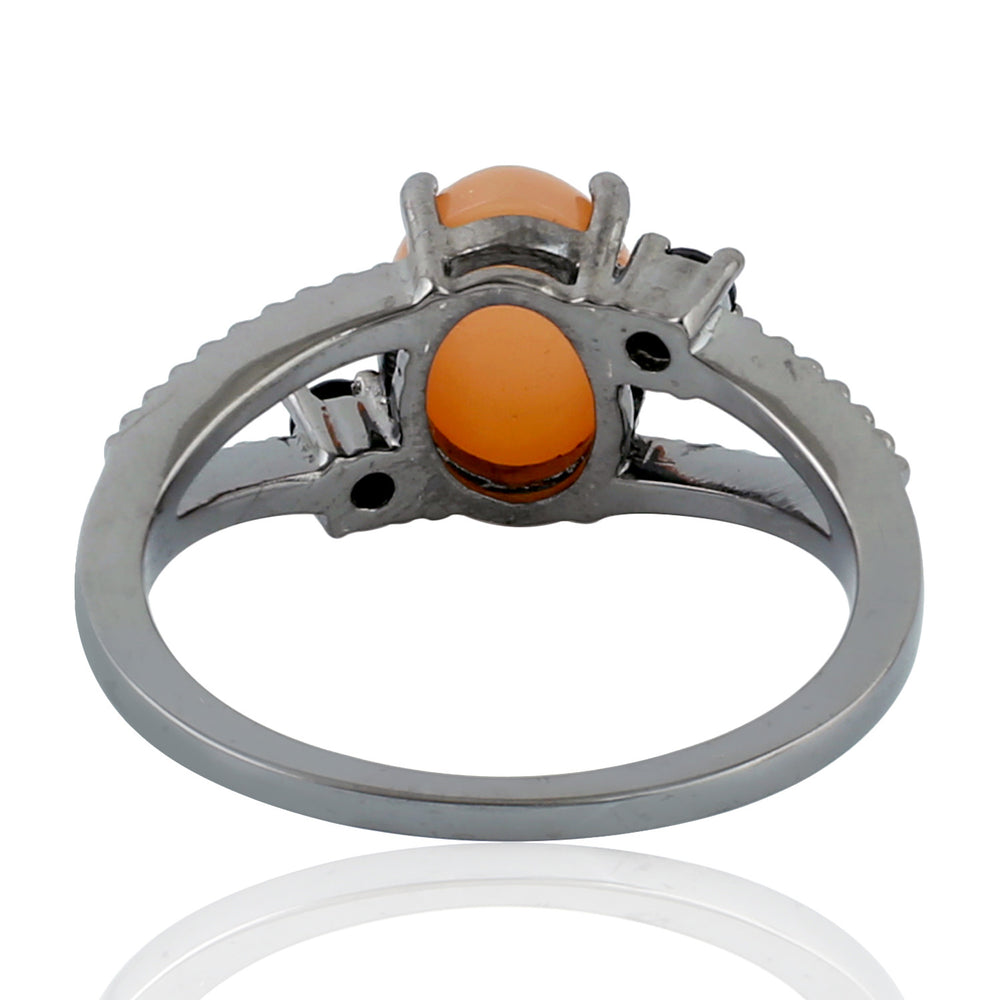 Natural Peach Monnstone Spinel Three Stone Designer Silver Ring