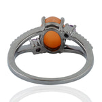 Natural Peach Monnstone Amethyst Handmade  Three Stone Designer Silver Ring