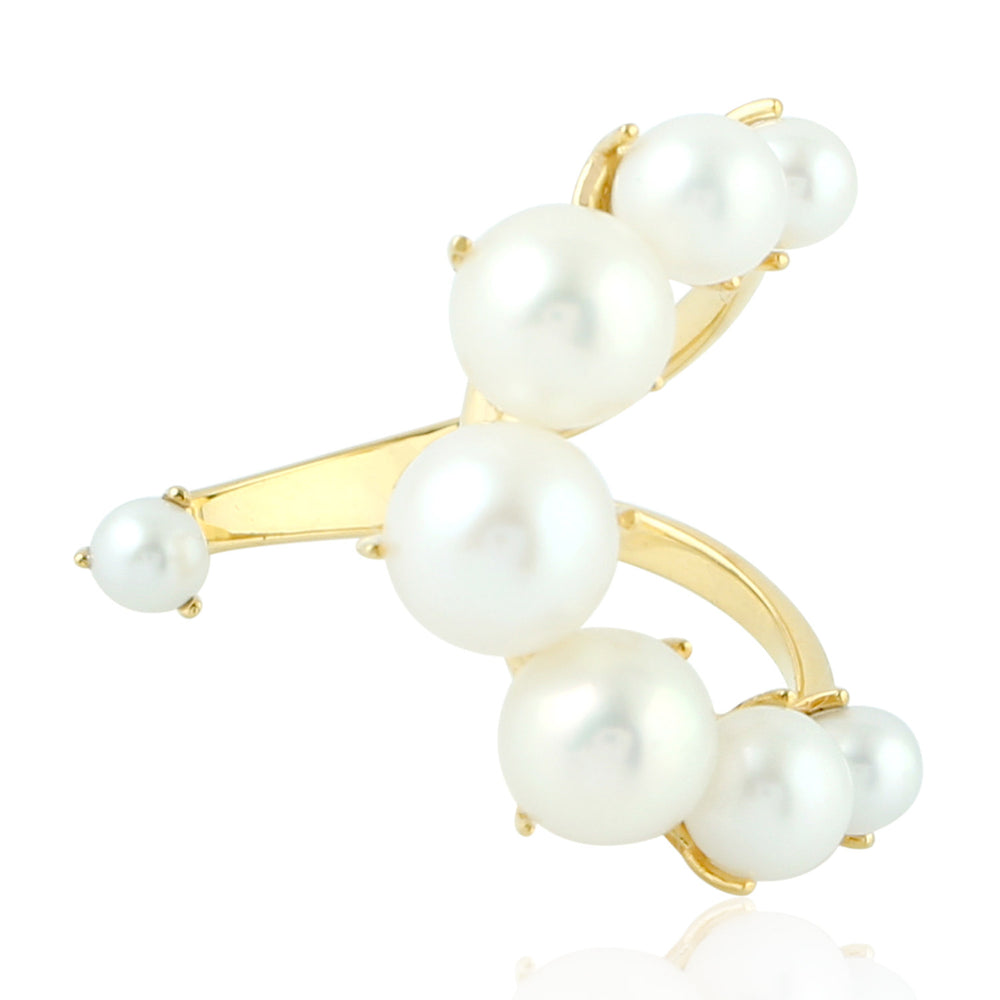 18K Yellow Gold Beaded Pearl Gemstone Between The Finger Ring