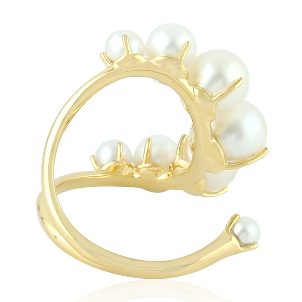 18K Yellow Gold Beaded Pearl Gemstone Between The Finger Ring