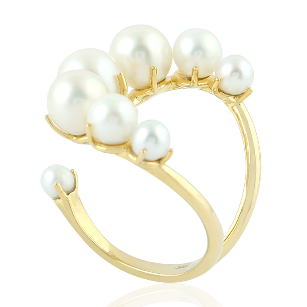 18K Yellow Gold Beaded Pearl Gemstone Between The Finger Ring