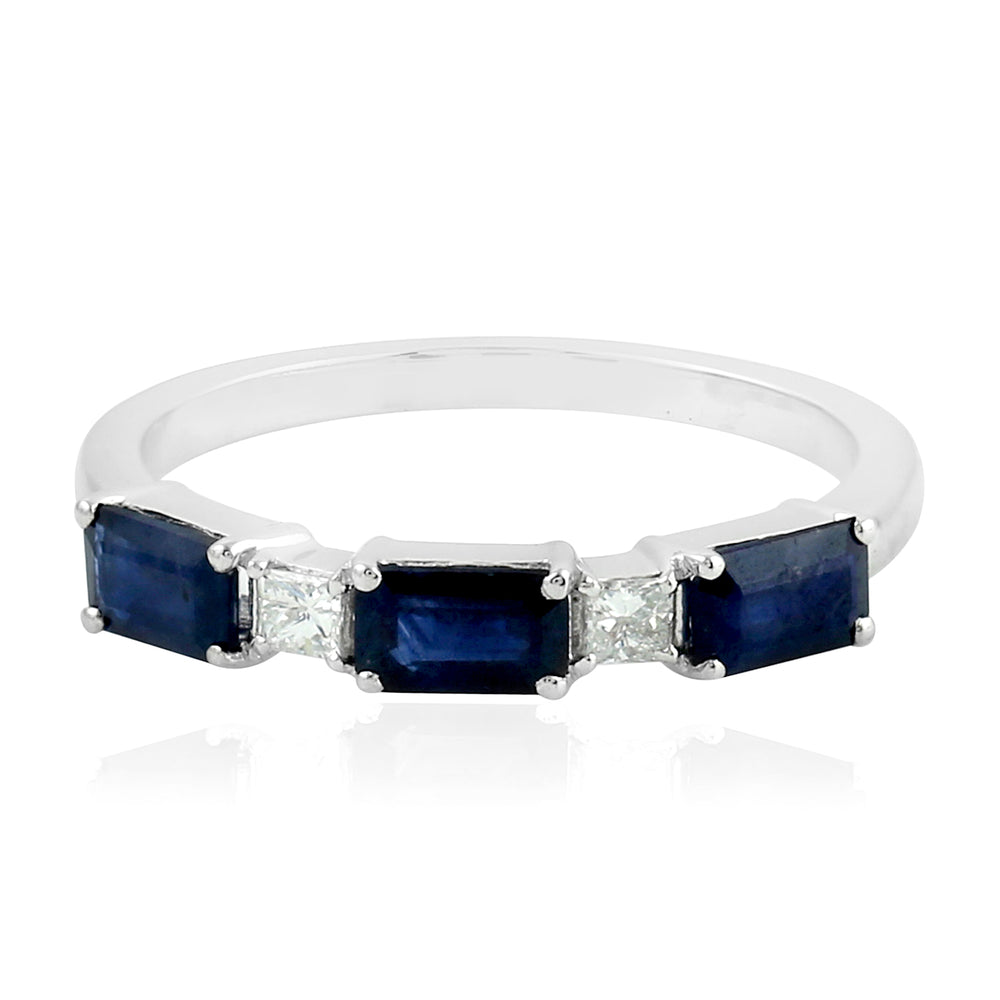 Baguette Cut Blue Sapphire Prong Diamond Band Ring In 14K White gold