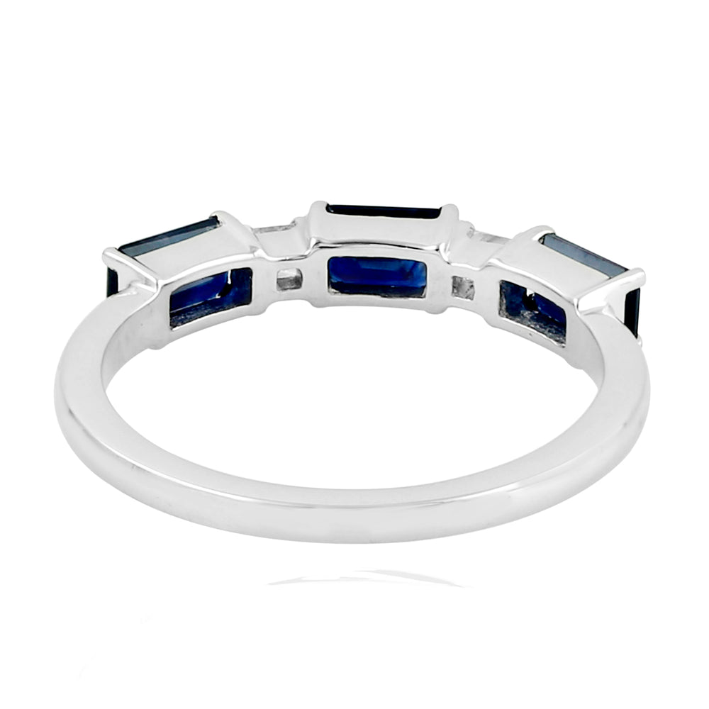 Baguette Cut Blue Sapphire Prong Diamond Band Ring In 14K White gold