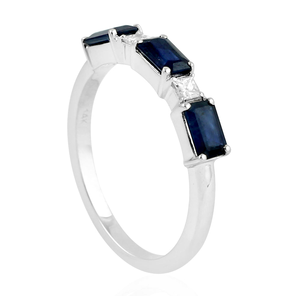 Baguette Cut Blue Sapphire Prong Diamond Band Ring In 14K White gold