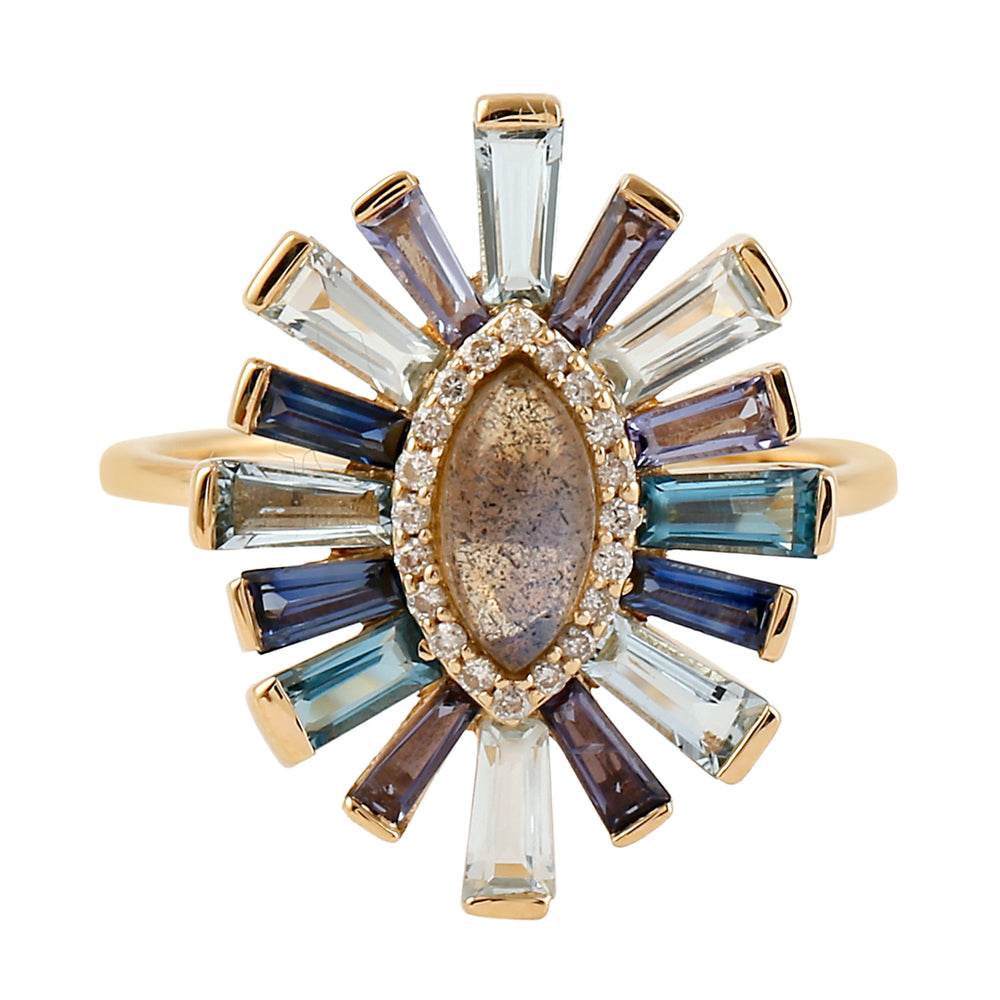 Marquise Labradorite & Multi-Gem Sunburst Ring in 18K Yellow Gold
