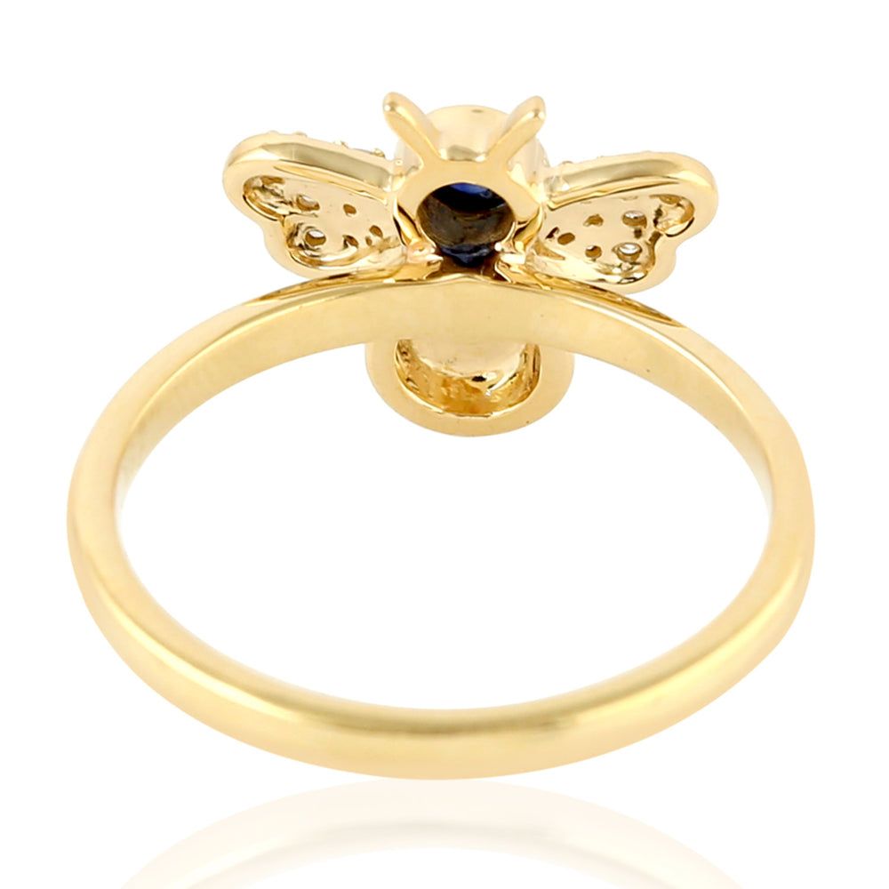 Bezel Set Blue Sapphire Pave Diamond Bee Enamel Ring In Yellow Gold