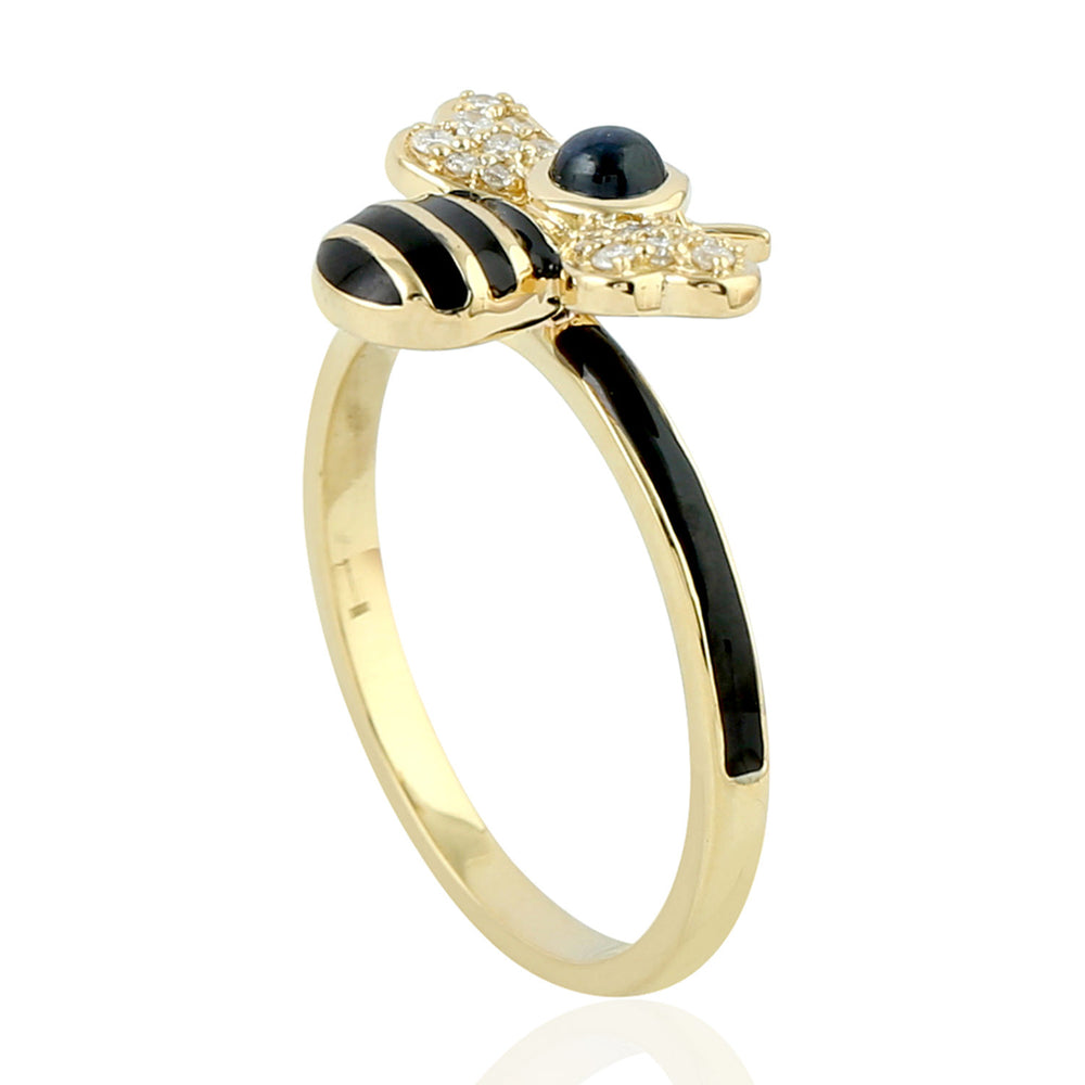 Bezel Set Blue Sapphire Pave Diamond Bee Enamel Ring In Yellow Gold