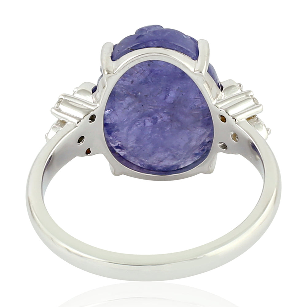 18K White Gold Carved Tanzanite Gemstone Prong Diamond Designer Ring