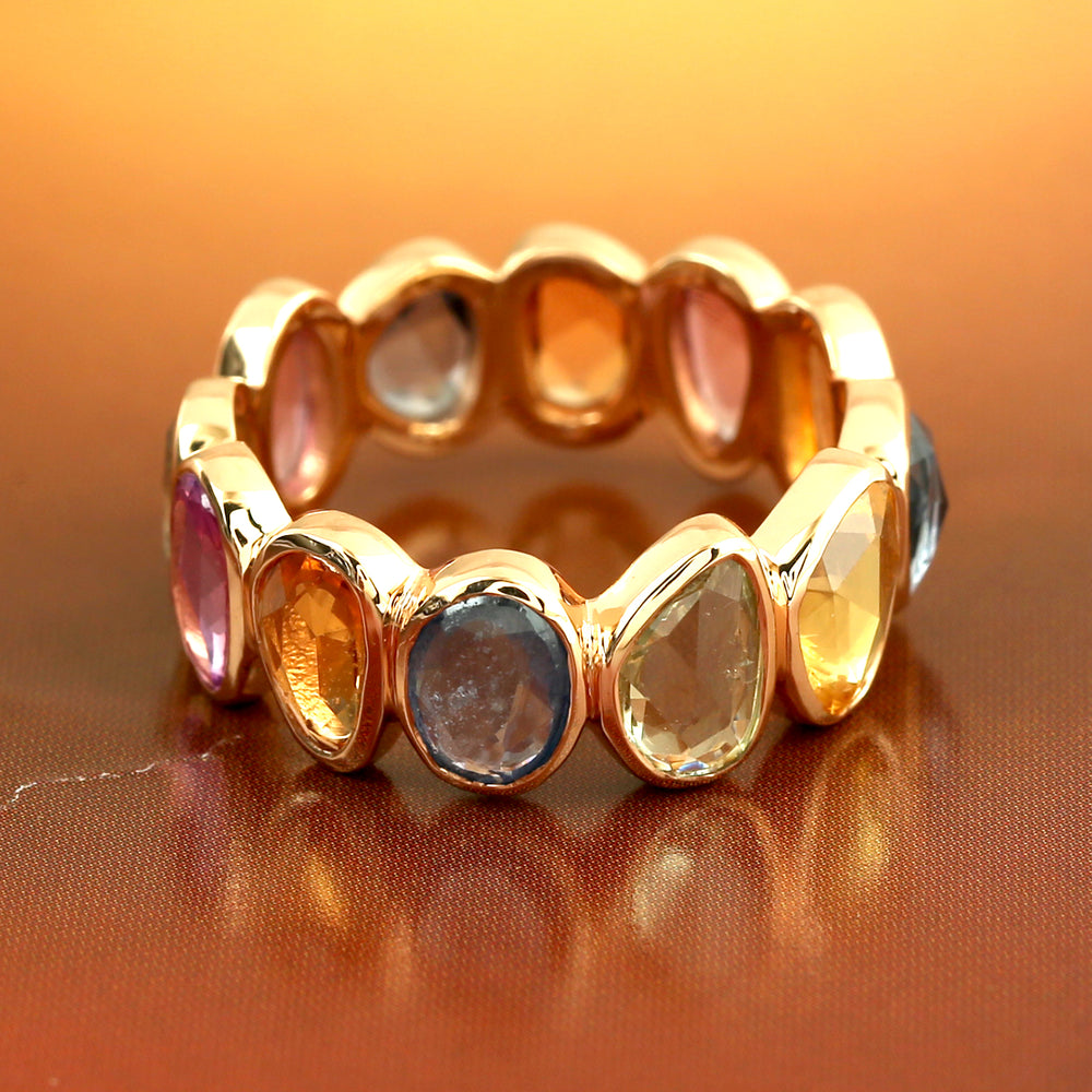 Bezel Multi Sapphire Gemstone Eternity Band Ring In 18K Rose Gold