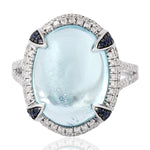 Natural Aquamarine Pave Diamond Sapphire Big Cocktail Ring In 18k Gold