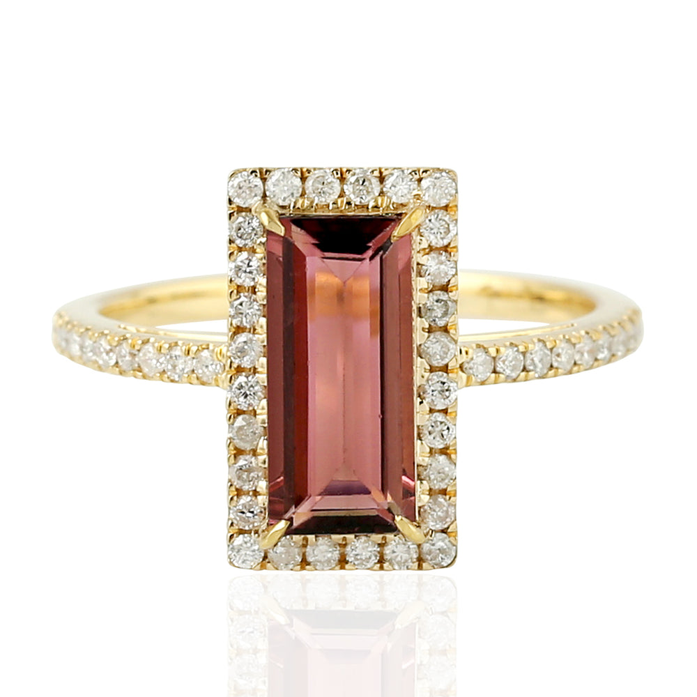 Baguette Pink Tourmaline Diamond 18k Yellow Gold Long Ring For Her
