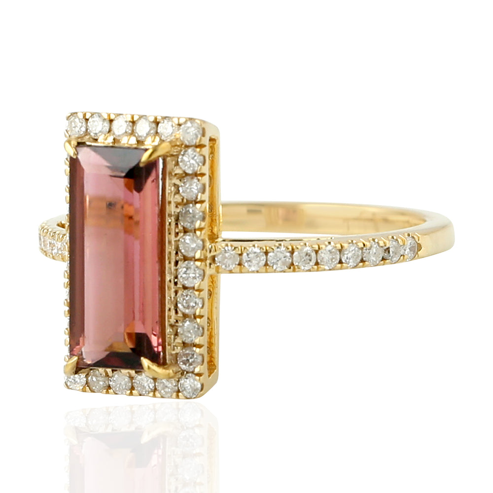 Baguette Pink Tourmaline Diamond 18k Yellow Gold Long Ring For Her