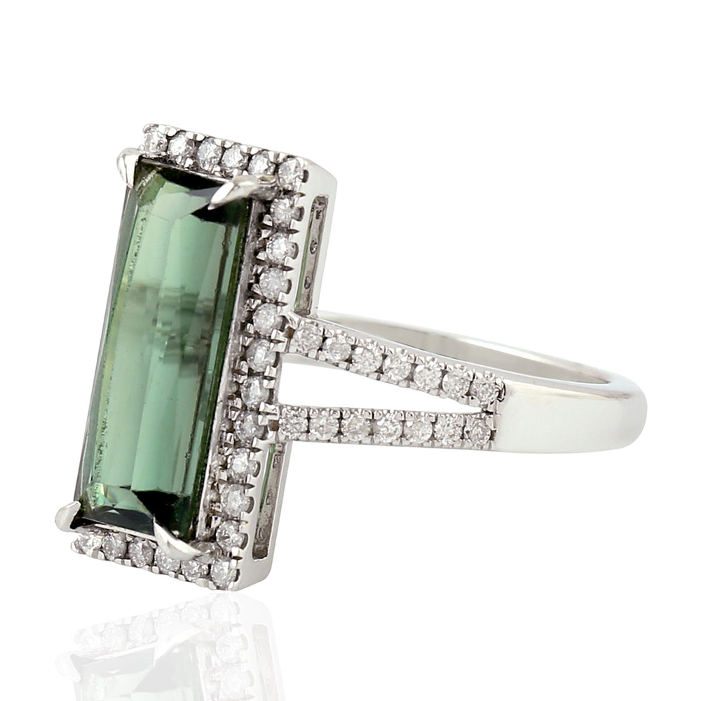 Baguette Green Tourmaline Diamond 18k White Gold Long Ring For Her