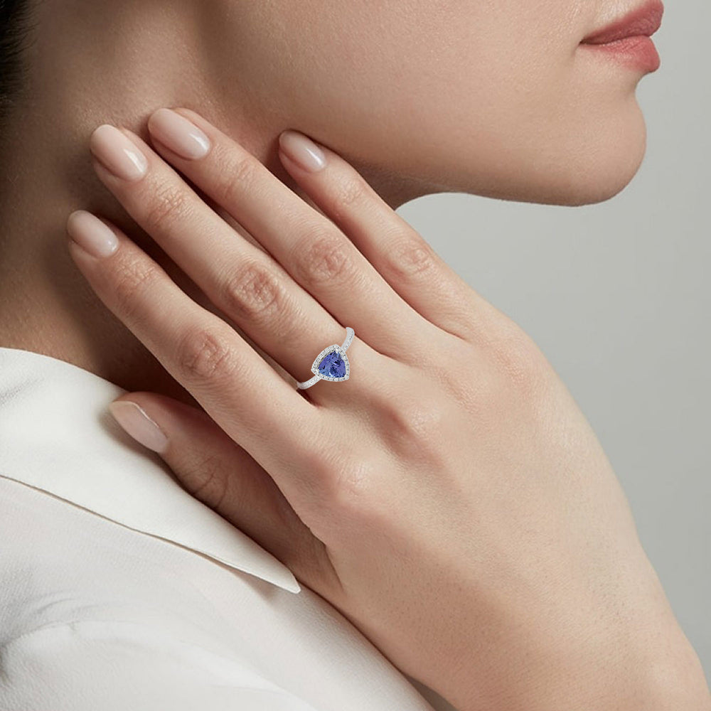 Pave Diamond Trillion Tanzanite Halo Ring In 14k White Gold For Women