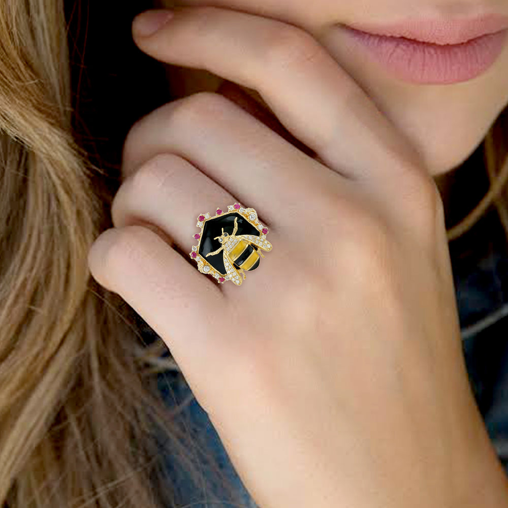 Prong Ruby Gemstone Pave Diamond Honeybee Enamel Ring In 18K Yellow Gold