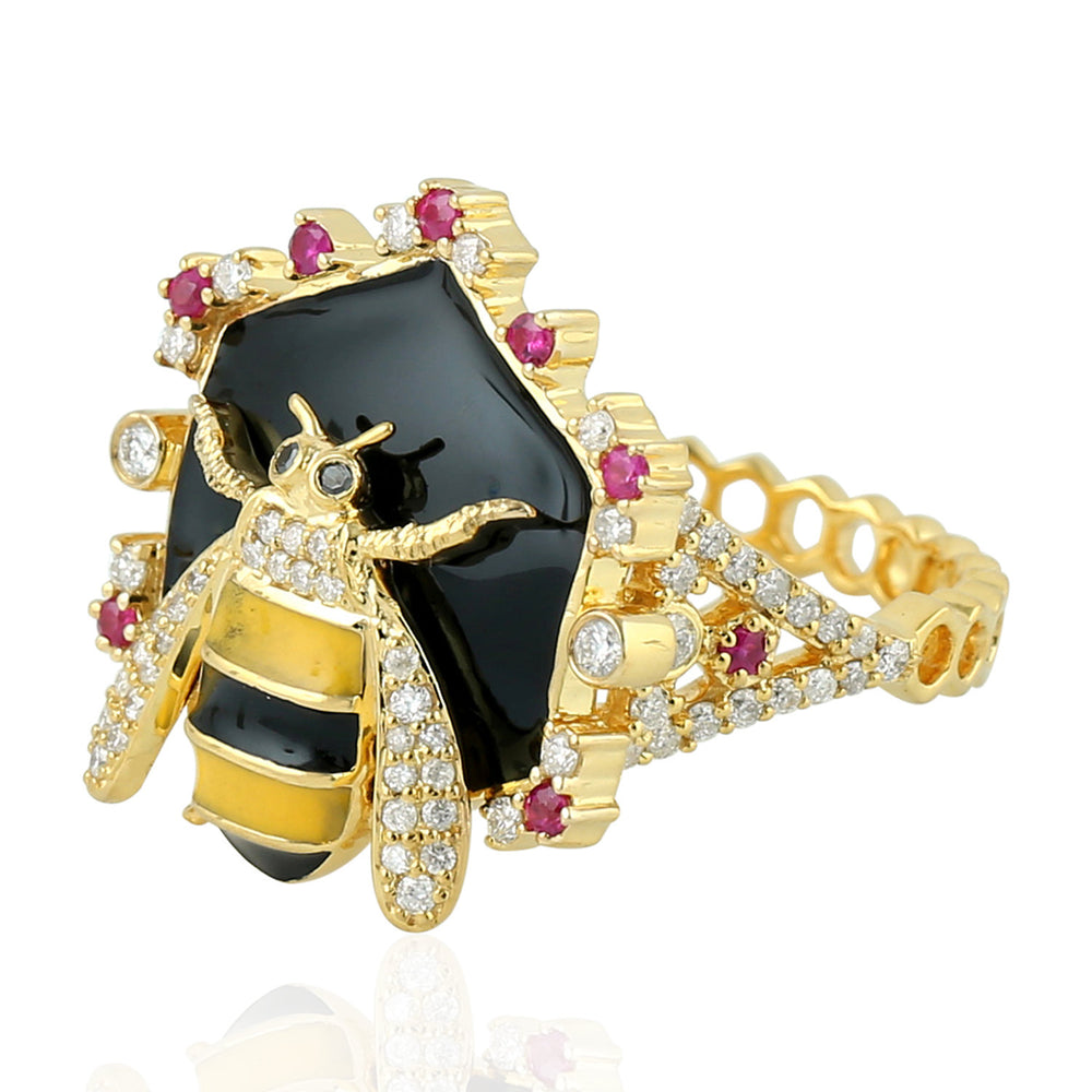 Prong Ruby Gemstone Pave Diamond Honeybee Enamel Ring In 18K Yellow Gold