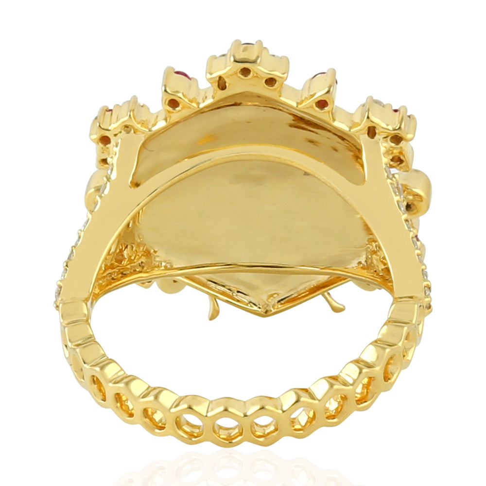 Prong Ruby Gemstone Pave Diamond Honeybee Enamel Ring In 18K Yellow Gold