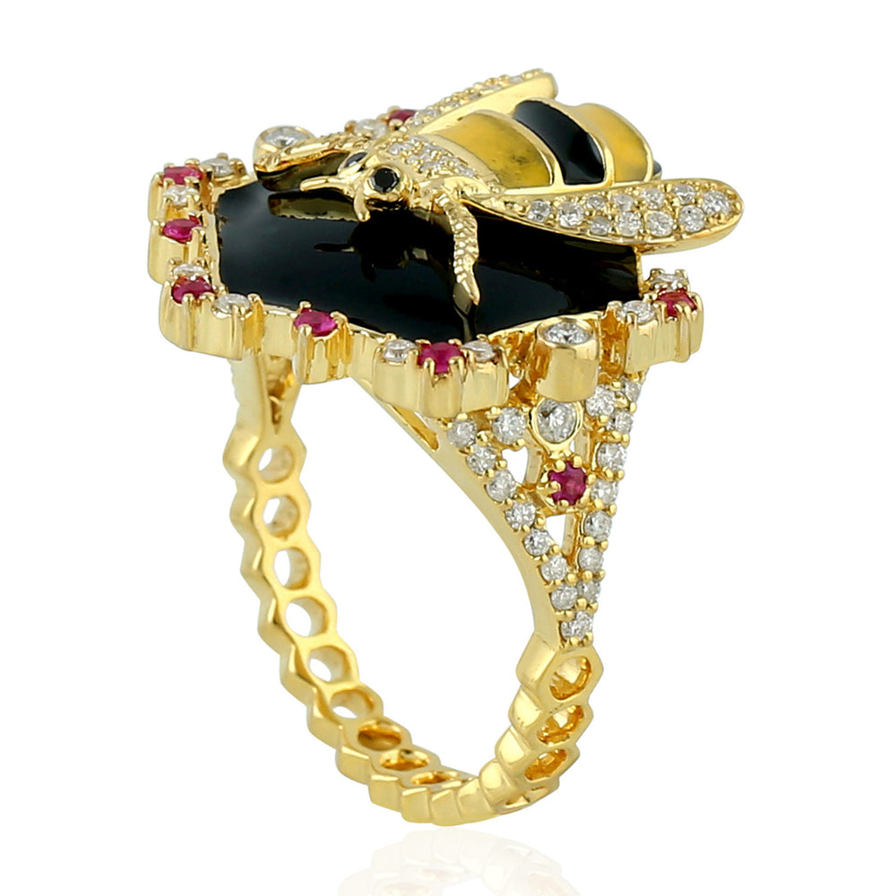 Prong Ruby Gemstone Pave Diamond Honeybee Enamel Ring In 18K Yellow Gold