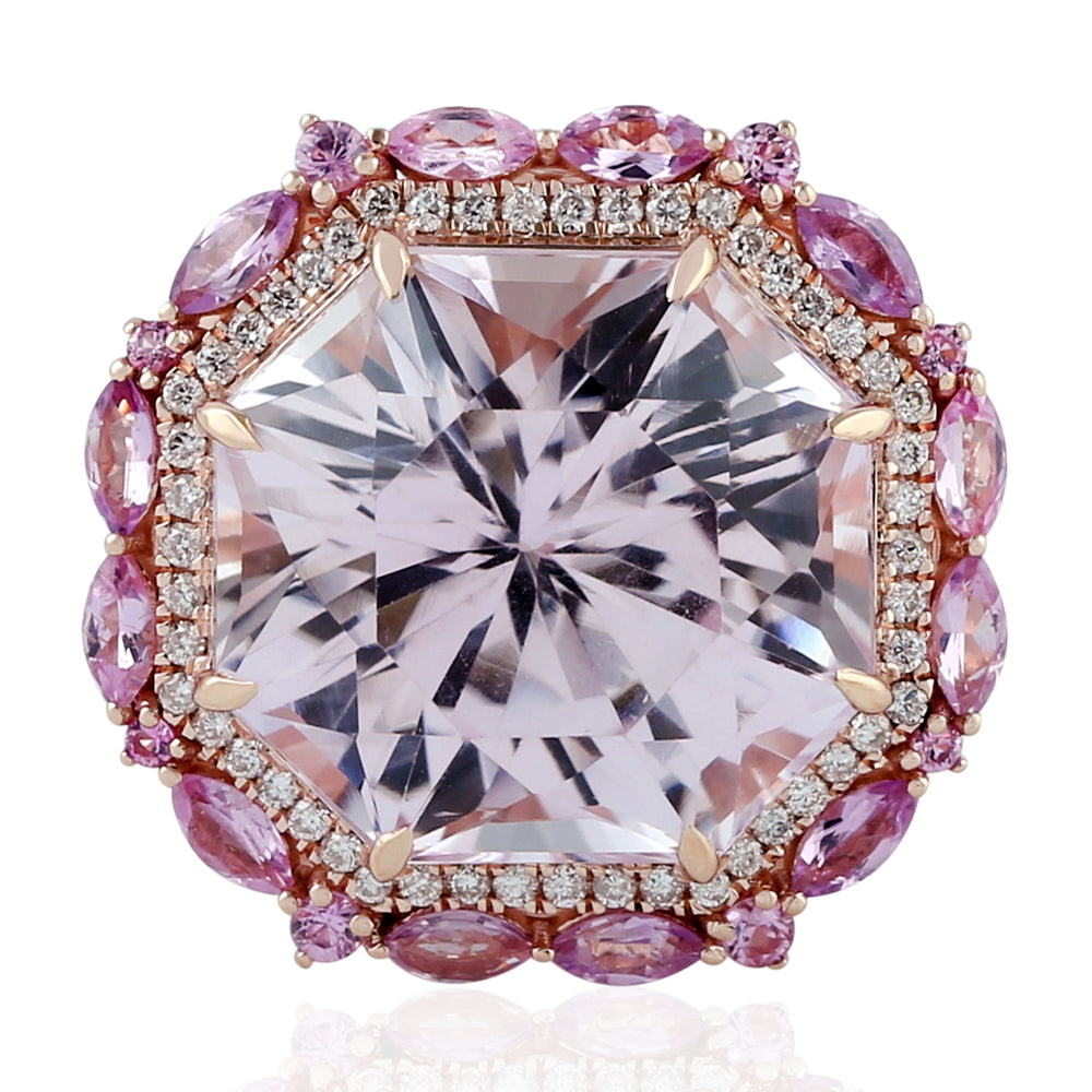 Octagon Cut Kunzite Pink Sapphire Pave Diamond In 18k Rose Gold Cocktail Ring