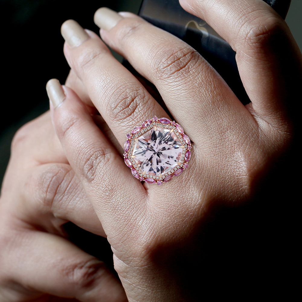 Octagon Cut Kunzite Pink Sapphire Pave Diamond In 18k Rose Gold Cocktail Ring