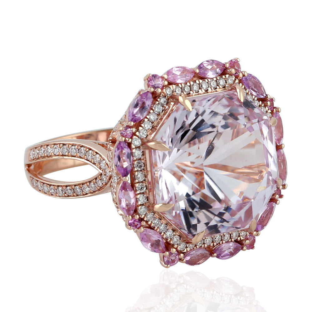 Octagon Cut Kunzite Pink Sapphire Pave Diamond In 18k Rose Gold Cocktail Ring