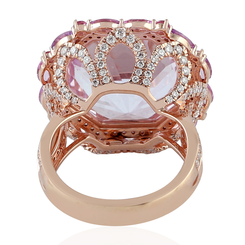 Octagon Cut Kunzite Pink Sapphire Pave Diamond In 18k Rose Gold Cocktail Ring