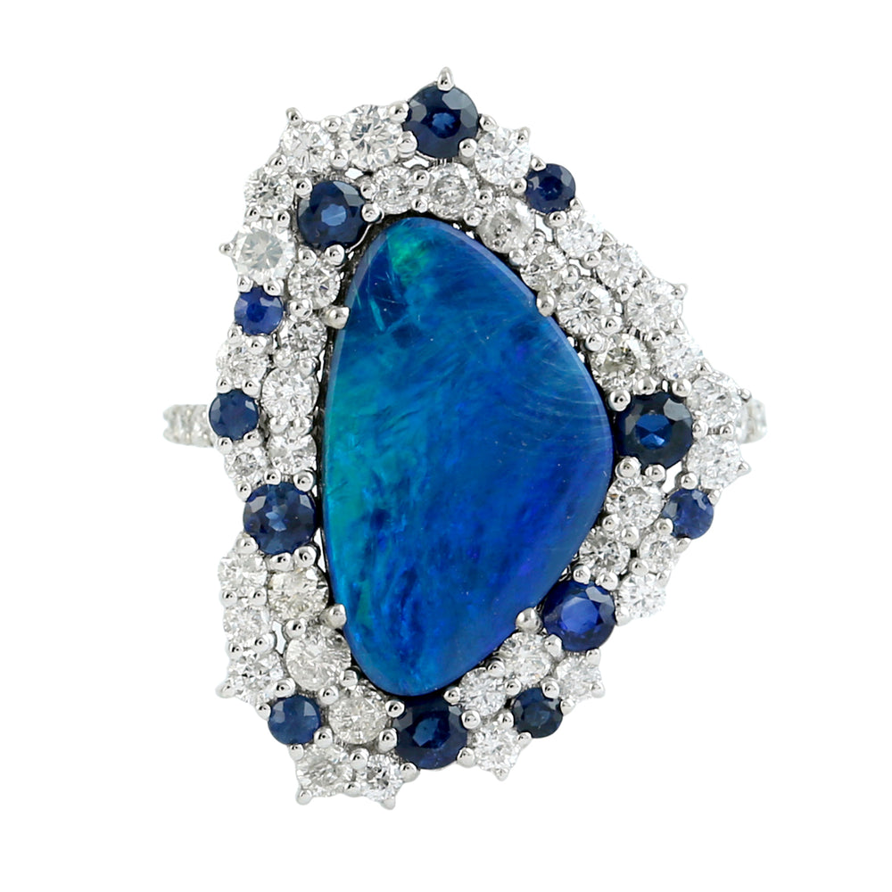 Opal Doublet & Blue Sapphire Pave Diamond Triangle Ring in 18K White Gold