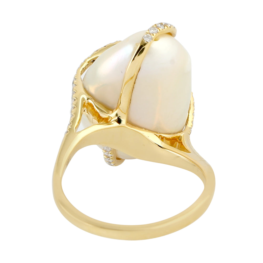 Pearl Chinese Gemstone Pave Diamond Cocktail Ring In 18k Yellow Gold