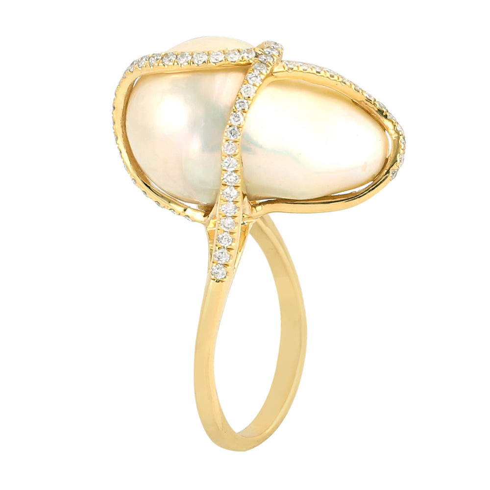 Pearl Chinese Gemstone Pave Diamond Cocktail Ring In 18k Yellow Gold