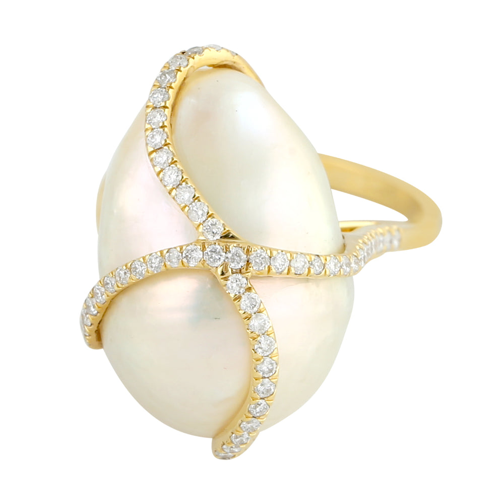Pearl Chinese Gemstone Pave Diamond Cocktail Ring In 18k Yellow Gold