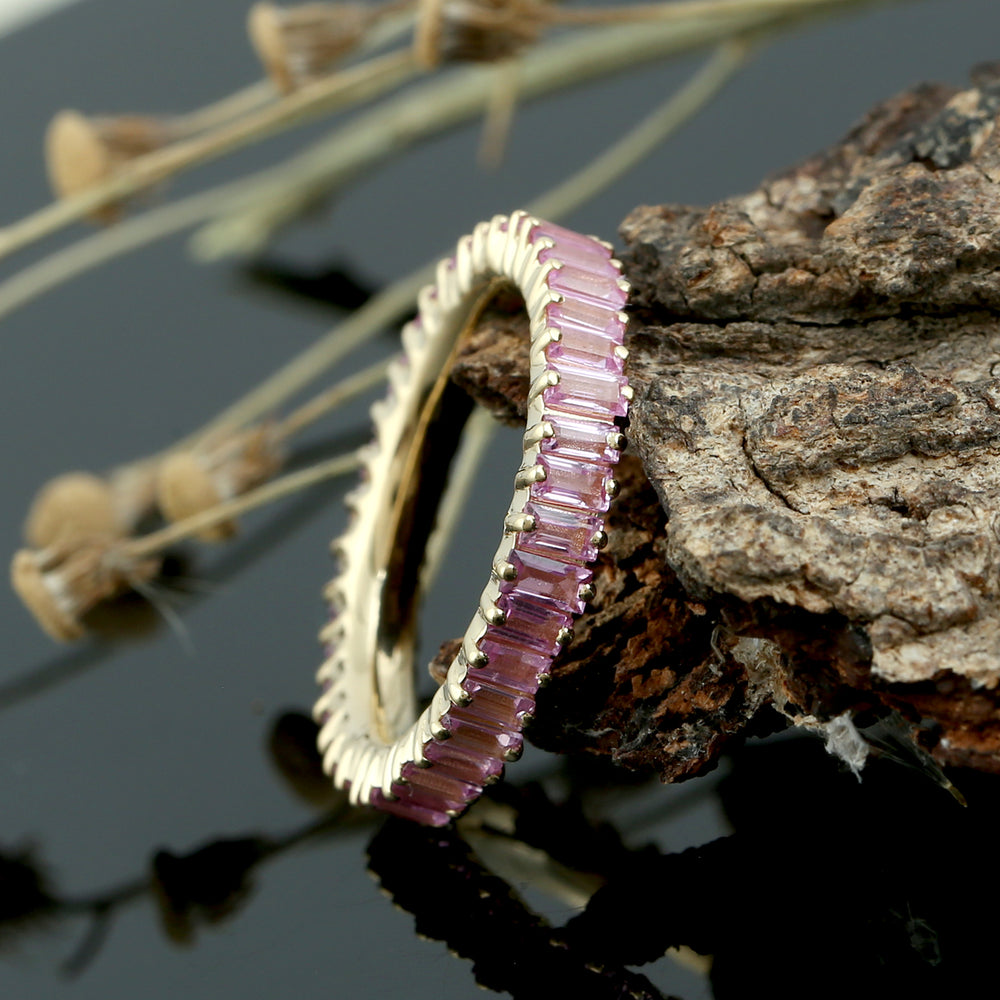 18K Yellow Gold Baguette Cut Pink Sapphire Gemstone Band Ring