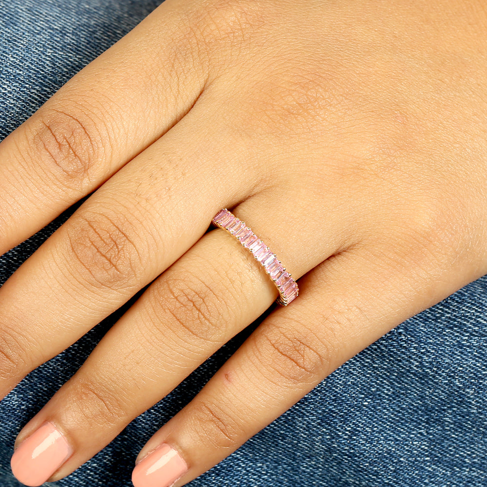 18K Yellow Gold Baguette Cut Pink Sapphire Gemstone Band Ring