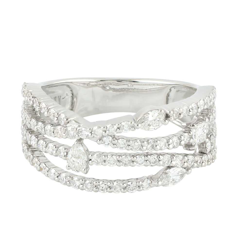 Natural Rose Cut Pave Diamond Designer Band Ring In 18K White Gold