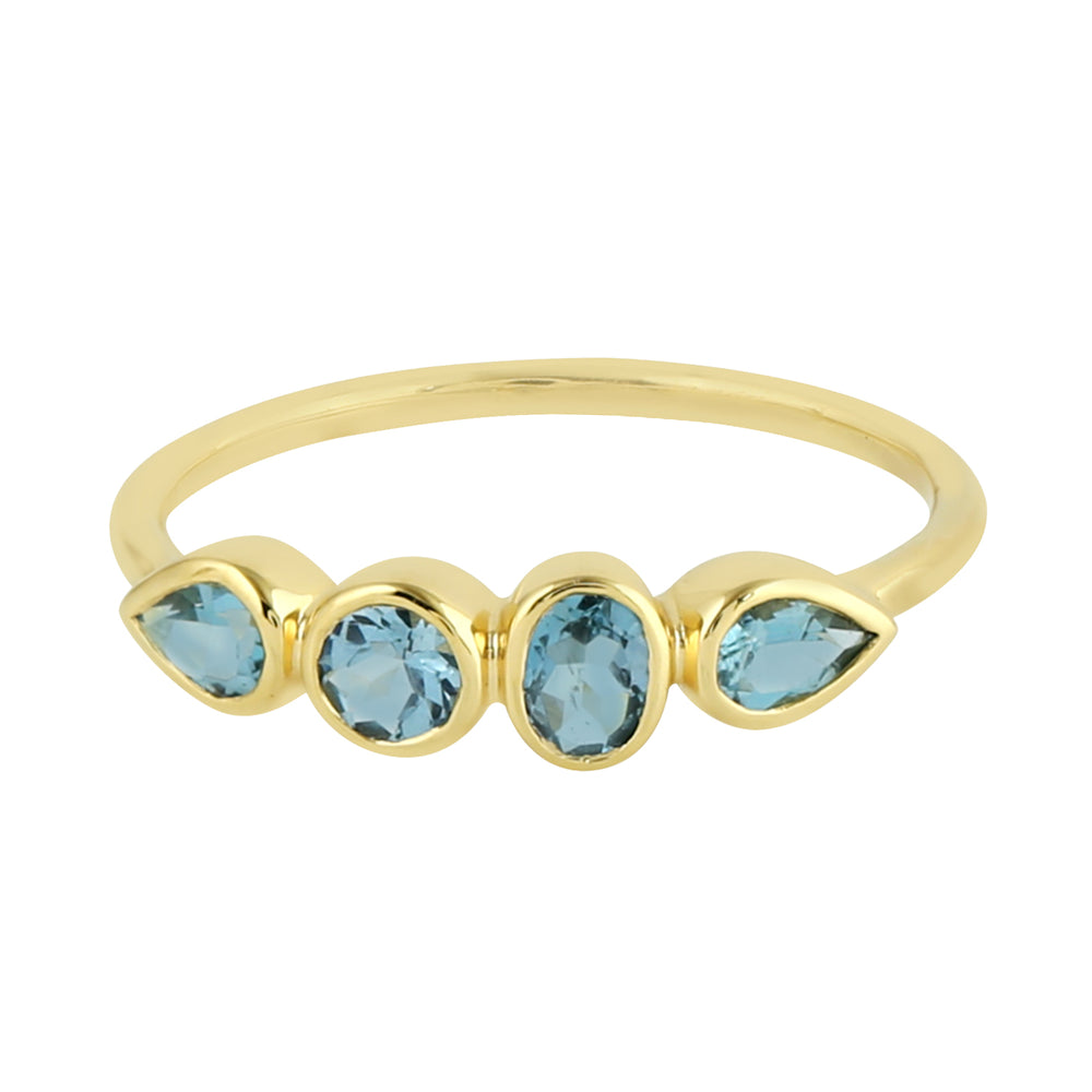 Bezel Aquamarine Gemstone Band Ring In 14K Yellow Gold