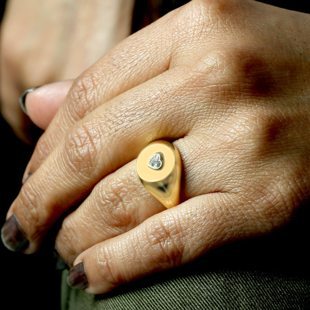 Natural Diamond Handmade Heart Dome Ring In 14k Yellow Gold For Gift