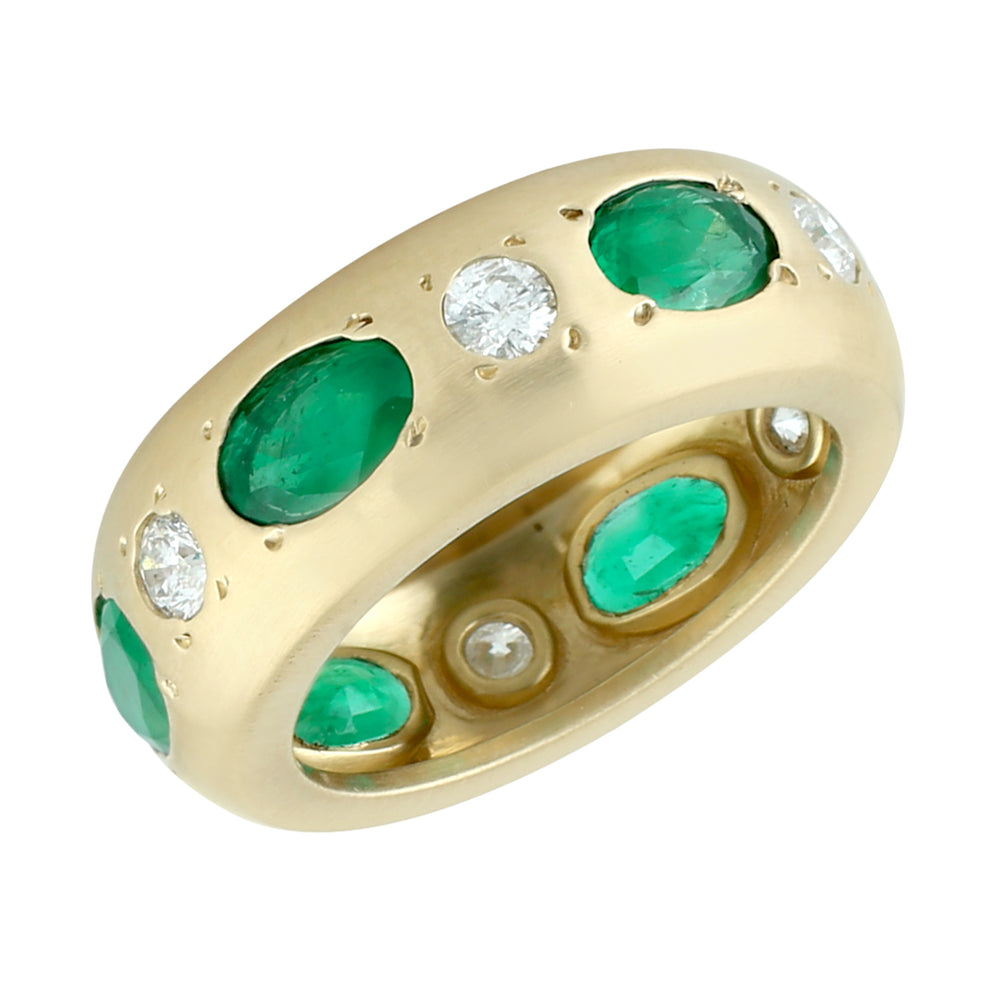 Oval Cut Emerald Gemstone Bezel Diamond Band Ring In Yellow Gold