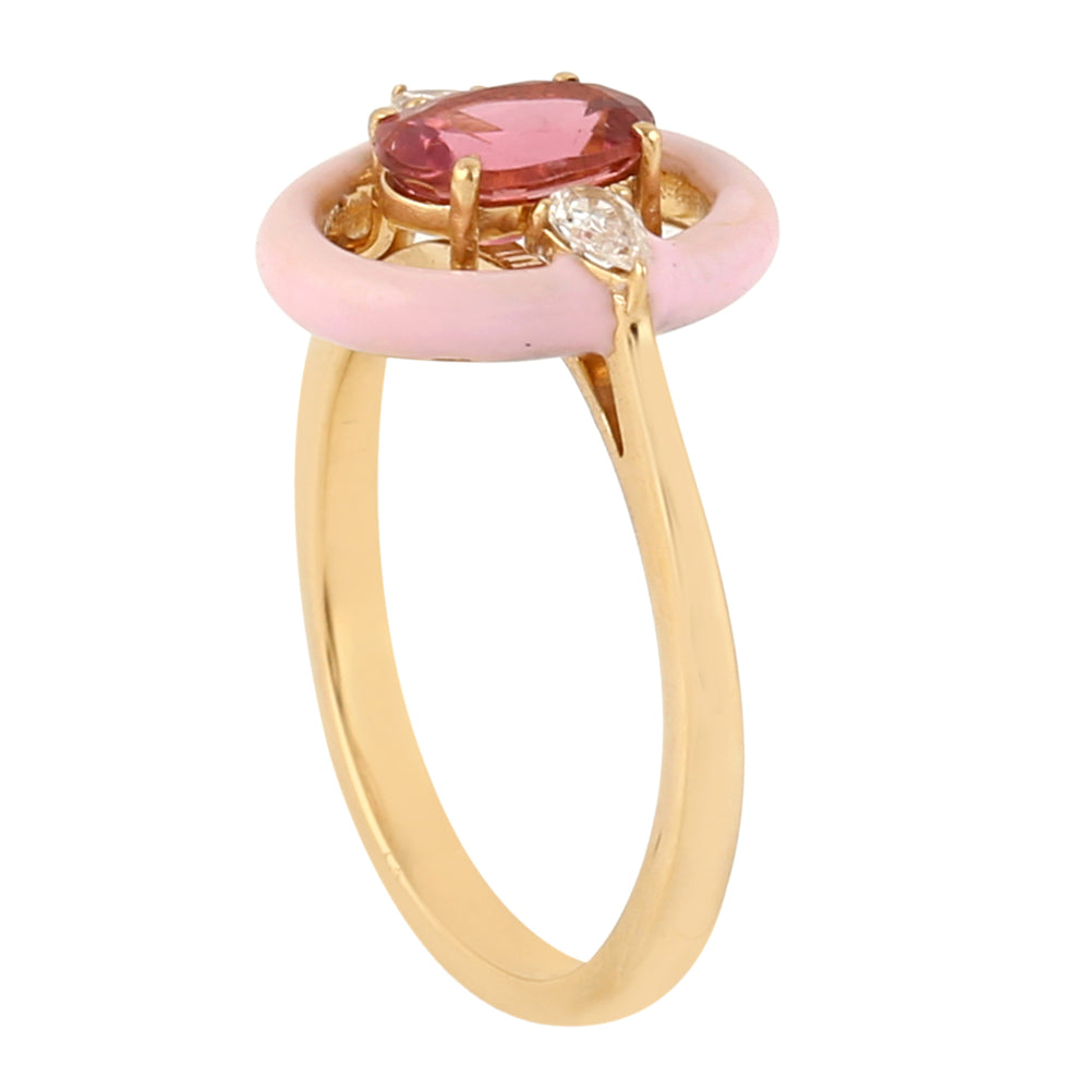 18k Yellow Gold Oval Cut Pink Tourmaline Rose Cut Diamond Enamel Ring